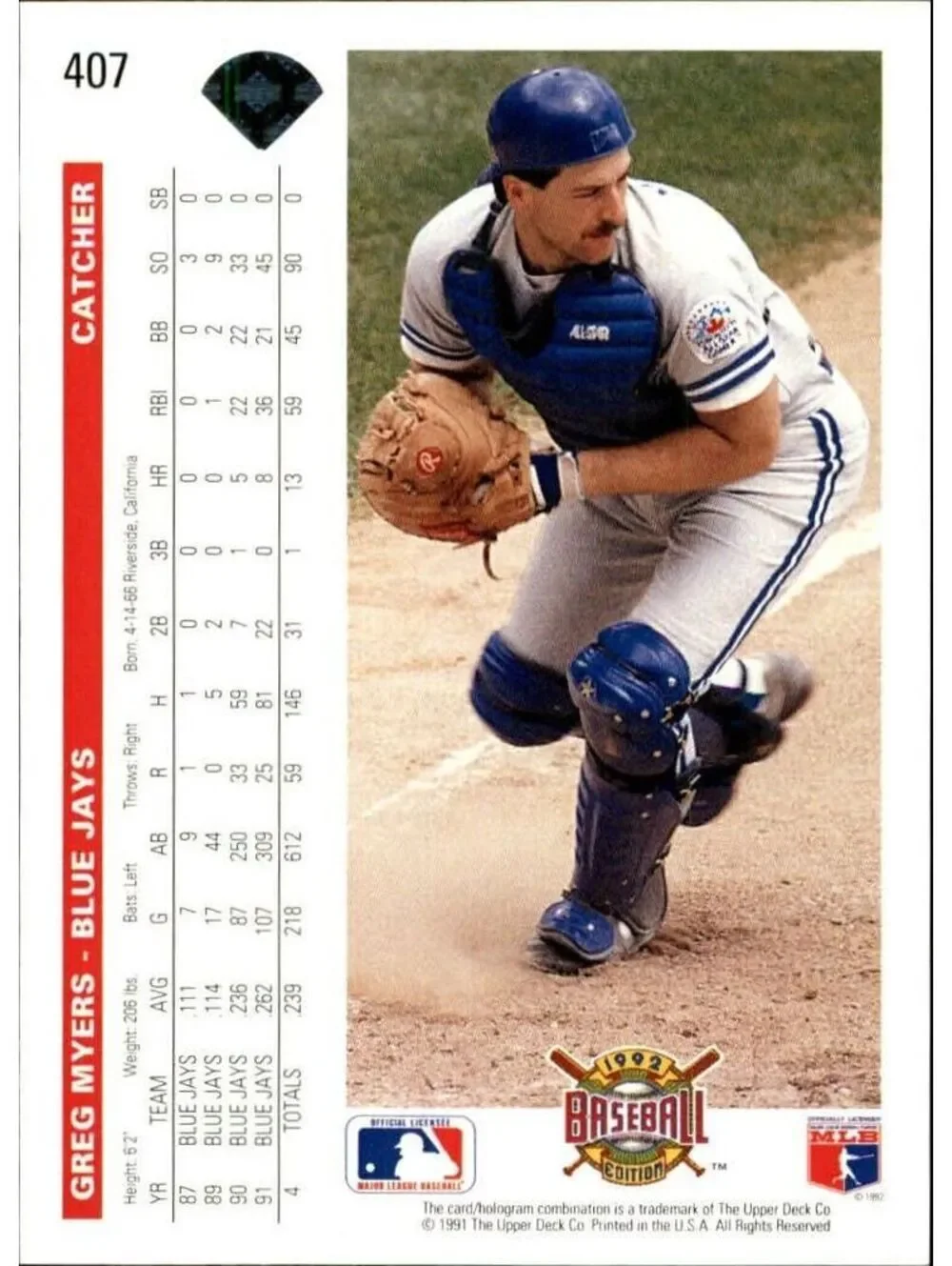 Greg Myers 1992 Upper Deck MLB #407 Baseball Card Toronto Blue Jays